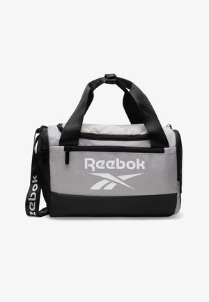 Szaro-czarna torba sportowa Reebok z dwoma uchwytami, przednią kieszenią na zamek oraz regulowanym paskiem na ramię z logo Reebok.