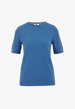 Light blue short-sleeve sweater featuring a textured pattern, round neckline, and ribbed cuffs and hem for added structure.