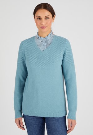 Maglione lavorato a maglia azzurro chiaro con scollo a V e motivo testurizzato sul petto. Maniche lunghe con polsini e orlo a coste. Indossato sopra una camicia a righe.