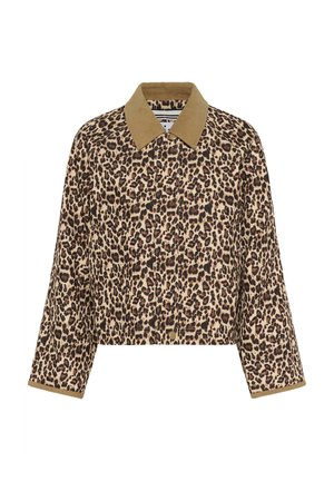 Pjūvis striukė leopardų rašto audinyje su smėlio spalvos apykakle. Su ilgomis rankovėmis ir mygtukų uždarymu priekyje.