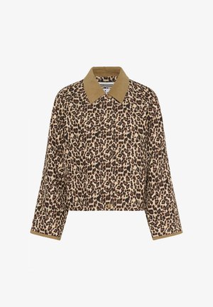Veste courte en tissu imprimé léopard avec un col beige. Dispose de manches longues et d'une fermeture à boutons sur le devant.