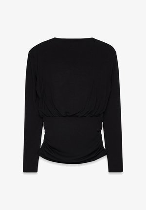 Sort langærmet top med en afslappet pasform, samlet talje og glat tekstur. Har en rund halsudskæring og diskrete draperingsdetaljer på ryggen.
