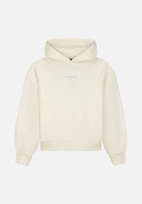 Off-white hoodie met lange mouwen, geribbelde manchetten en zoom, en kleine tekst "TOMORROWLAND" gecentreerd op de borst.
