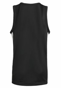 Jersey deportivo negro sin mangas con una tela texturizada. Cuenta con paneles laterales blancos y un cuello redondo, diseñado para uso atlético.