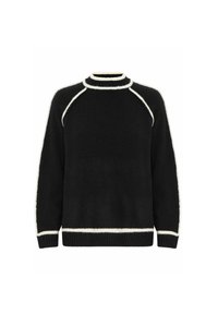 Maglione nero con piping bianco lungo il collo e le maniche. Presenta un colletto rotondo e polsini e orlo a coste. Texture morbida.
