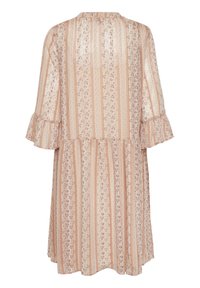 Robe à motif floral en beige clair avec des rayures verticales et des manches volantes. Fabriquée en tissu léger, elle présente une coupe décontractée et une longueur au genou.