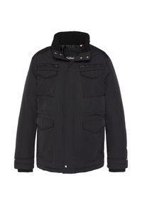 Giacca imbottita nera con collo alto, numerose tasche frontali con zip e pattina, polsini a costine e una finitura liscia e strutturata.