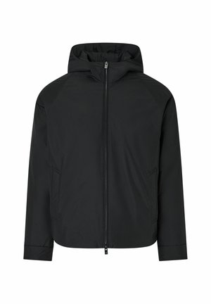 Veste noire à capuche avec fermeture éclair sur le devant et poches latérales, manches longues, conçue pour temps froid.