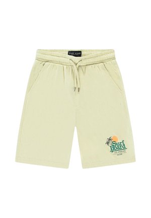Lichtbeige shorts van een zachte stof, met een elastische tailleband met trekkoord en een bedrukt ontwerp van palmbomen en zon.