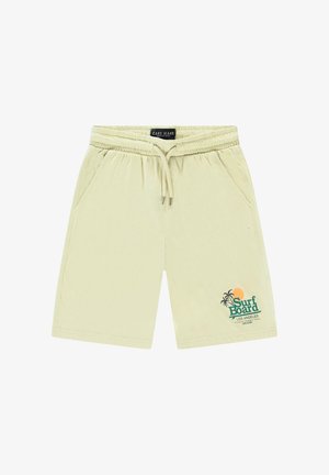 Lichtbeige shorts van een zachte stof, met een elastische tailleband met trekkoord en een bedrukt ontwerp van palmbomen en zon.