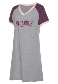 Gray T-shirt dress with short purple sleeves and pale pink trim. Features the word "KANGAROOS" in bold maroon text across the front.