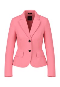 Bright pink blazer with single-breasted design, notched lapels, two front pockets, and black buttons. Smooth fabric texture.