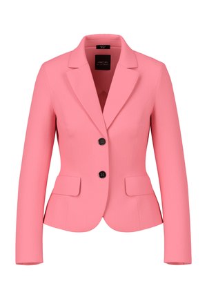 Bright pink blazer with single-breasted design, notched lapels, two front pockets, and black buttons. Smooth fabric texture.