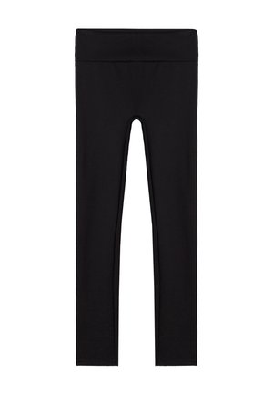 Schwarze Leggings aus dehnbarem Stoff, mit hohem Bund, figurnahem Design und glatter Textur ohne Muster oder Verzierungen.