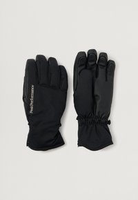 Black gloves made of soft fabric and leather, featuring a fitted design with elastic cuffs. "Peak Performance" logo in a light color on one glove.