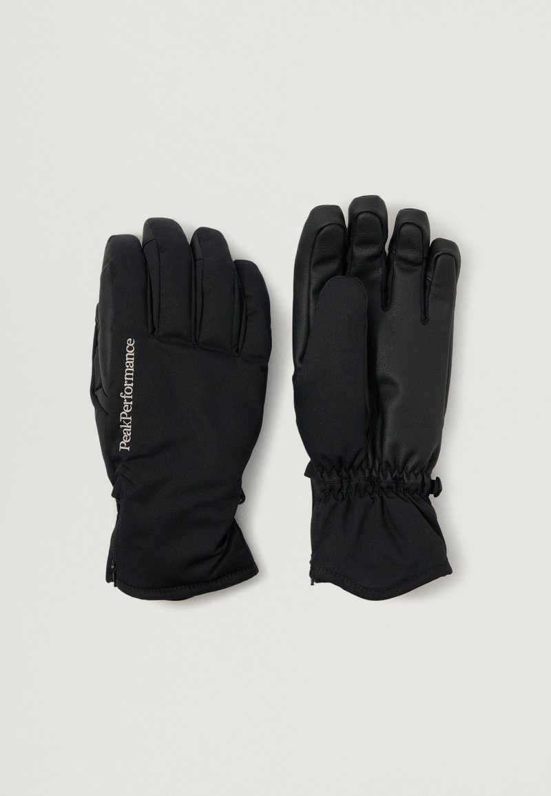 Black gloves made of soft fabric and leather, featuring a fitted design with elastic cuffs. "Peak Performance" logo in a light color on one glove.
