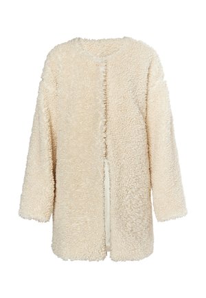 Crème, fuzzy, langemoff jacket met een open voorkant en textiele stof. Heeft een ronde halslijn en geen zichtbare sluitingen.