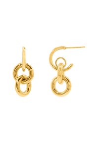 Boucles d'oreilles en or avec des formes circulaires entrelacées, ayant une texture polie et un système de fermeture à crochet. Elles gagnent en complexité de haut en bas.