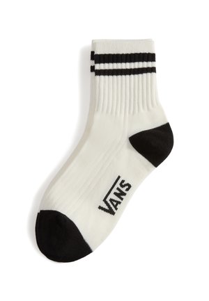 Weiße Socke mit schwarzen Akzenten, ausgestattet mit einem gerippten Design, zwei schwarzen Streifen am oberen Ende und einem Vans-Logo im Bereich der Zehen.