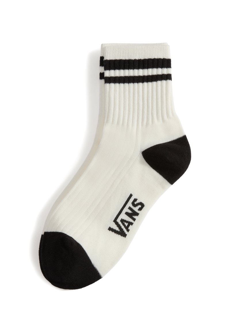 Weiße Socke mit schwarzen Akzenten, ausgestattet mit einem gerippten Design, zwei schwarzen Streifen am oberen Ende und einem Vans-Logo im Bereich der Zehen.