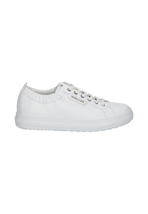 White leather low-top sneaker with lace-up closure, elastic collar, and embossed "Peter Kaiser" branding on side and sole.