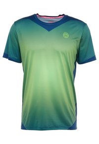 Krátký rukáv sportovní tričko v gradientu zelené do modré, vyrobené z síťoviny, s výstřihem do V a logem na hrudi.