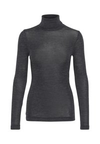 Long-sleeve turtleneck top in dark gray, featuring a smooth texture with a subtle sheen and a fitted silhouette.