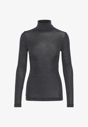 Hosszú ujjú garbó felső sötétszürke színben, sima textúrával, diszkrét fényességgel és testhez simuló szabással.