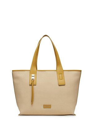 Beige totebag met handgrepen en afwerking van mosterdgele leer, voorzien van een klein metalen slotdetail en een Lasocki-merklabel aan de voorkant.