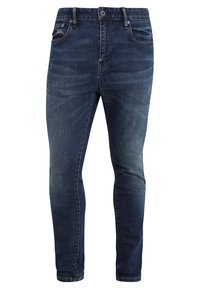 Mörkblå denimjeans med smal passform, med klassisk femficksdesign, subtila blekningar och metallknapp med dragkedja.