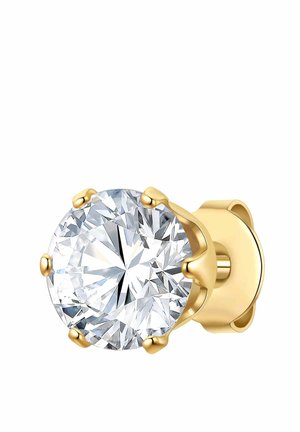 Gold stud-Ohrringe mit einem großen runden Zirkonia, gesichert durch krallenartige Prall, mit einer glänzenden, reflektierenden Oberfläche und glatter Textur.