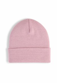 Berretto lavorato a maglia di colore rosa con una texture morbida, stile beanie e bordo piegato. Il tessuto appare caldo e flessibile.