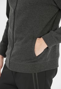 Grå zip-up hættetrøje i blødt stof med ribbede manchetter, med sidelommer og en fitted talje, vist sammen med sorte bukser med striber.