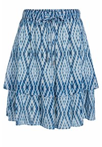 Jupe à volants à motif bleu avec une taille élastique et un cordon de serrage. Conçue dans un tissu léger et fluide avec un design géométrique.