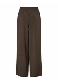 Bruine wijde broek met een elastische tailleband; lichte stof met subtiele textuurlijnen over de gehele lengte; losse pasvorm voor comfort.
