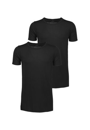Zwarte katoenen t-shirts, ronde hals, korte mouwen, aangesloten ontwerp, gladde textuur, twee stuks weergegeven rug aan rug.