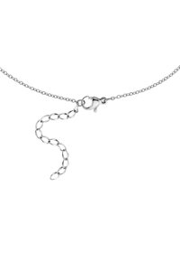 Strieborný reťazový náhrdelník s karabínou, obsahujúci oválne články a krátku predĺženú dĺžku pre nastaviteľné uchytenie. Vysoký lesk.