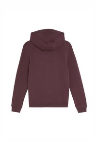 Felpa con cappuccio color marrone bordeaux caratterizzata da una texture morbida, polsini e orlo a costine. La parte sul retro è semplice con una cucitura centrale sul cappuccio.