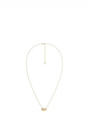 Delicate gold chain necklace with two small flower pendants, one solid and one outlined, centered near the clasp with adjustable length extension.