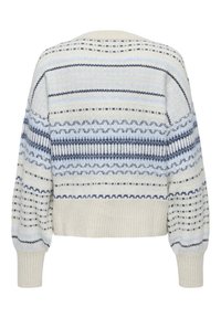 Strickpullover mit einem verkürzten Design, das aus geometrischen Mustern in Hellblau, Marineblau und Creme besteht. Rippbündchen und Saum sorgen für eine interessante Textur.