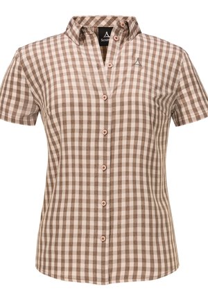 Checked short-sleeve shirt in brown and cream cotton with a button-up front and a small logo at the chest. Features a classic collar.