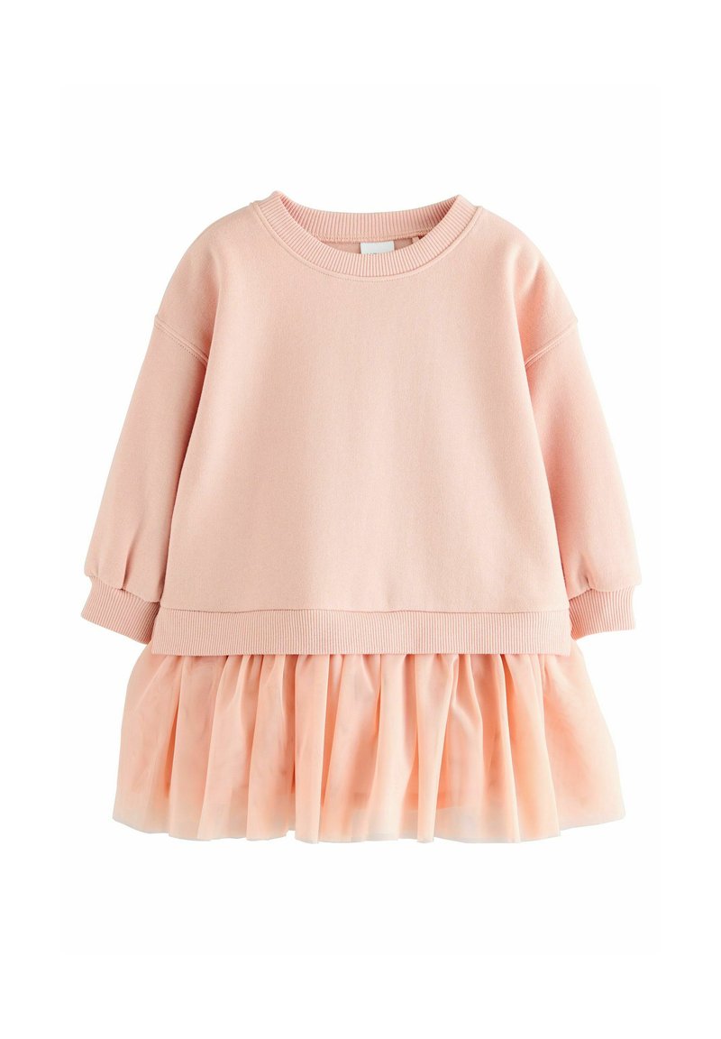 Roze sweatshirtjurk met een zachte sweatshirt bovenkant en een gelaagde tule rok. Voorzien van een ronde halslijn en poffende mouwen voor extra comfort.