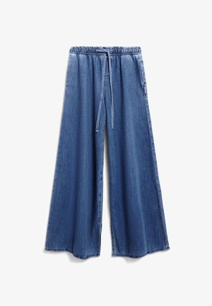 Pantaloni in denim a gamba larga di blu medio, con una vita elastica e cordoncino, tessuto morbido e vestibilità comoda.