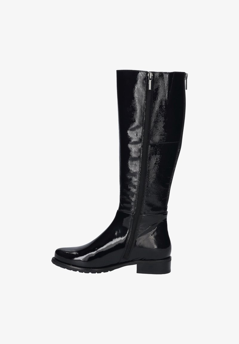 Stivali neri al ginocchio in pelle lucida con una finitura liscia, dotati di zip laterale e tacco basso e spesso.