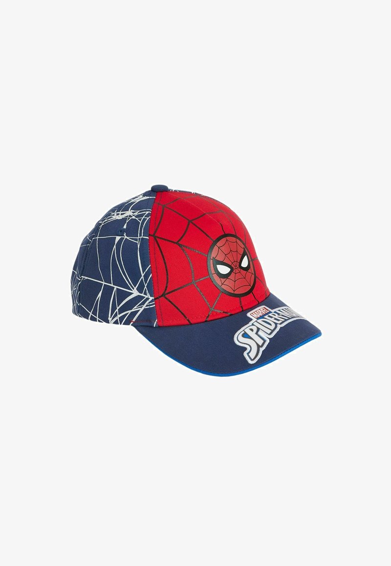 Rote und blaue Mütze mit einem Spider-Man-Design, einem Netz-Muster auf einer Seite, einem großen Spider-Man-Logo auf der Vorderseite und einem gebogenen Schild.