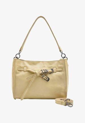 Sac à bandoulière en cuir beige avec un détail de sangle nouée et une boucle en métal, doté d'une longue bandoulière amovible placée à côté.