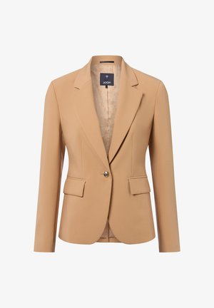 Beige single-button blazer with notch lapels, two front flap pockets, and patterned satin lining, tailored fit.