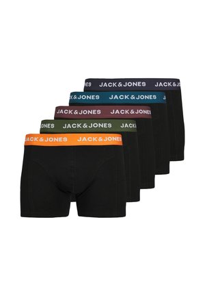 Schwarze Boxershorts mit kontrastierenden Bundfarben: Orange, Teal, Burgunderrot, Grün und Marineblau. Das Material wirkt glatt und hat eine enge Passform.