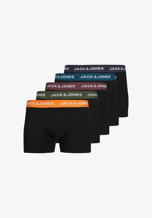 Black boxer briefs with contrasting waistband colors: orange, teal, burgundy, green, and navy. Material appears smooth with a snug fit.