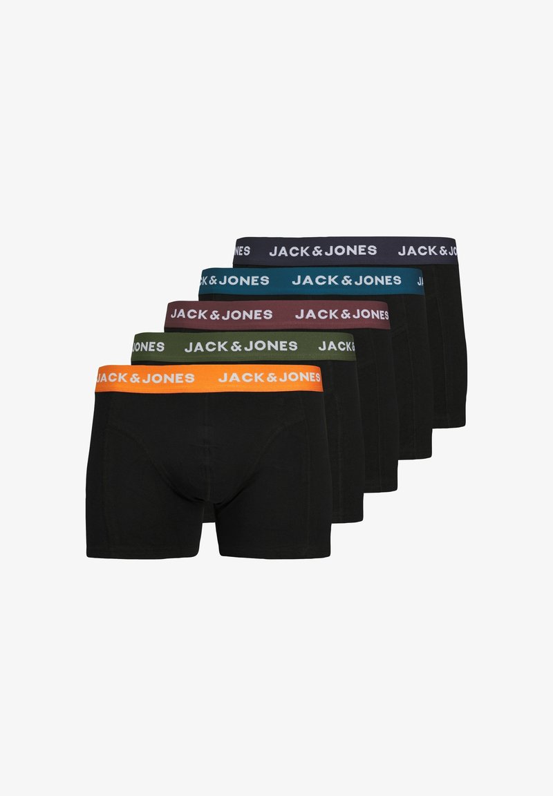 Schwarze Boxershorts mit kontrastierenden Bundfarben: Orange, Teal, Burgunderrot, Grün und Marineblau. Das Material wirkt glatt und hat eine enge Passform.